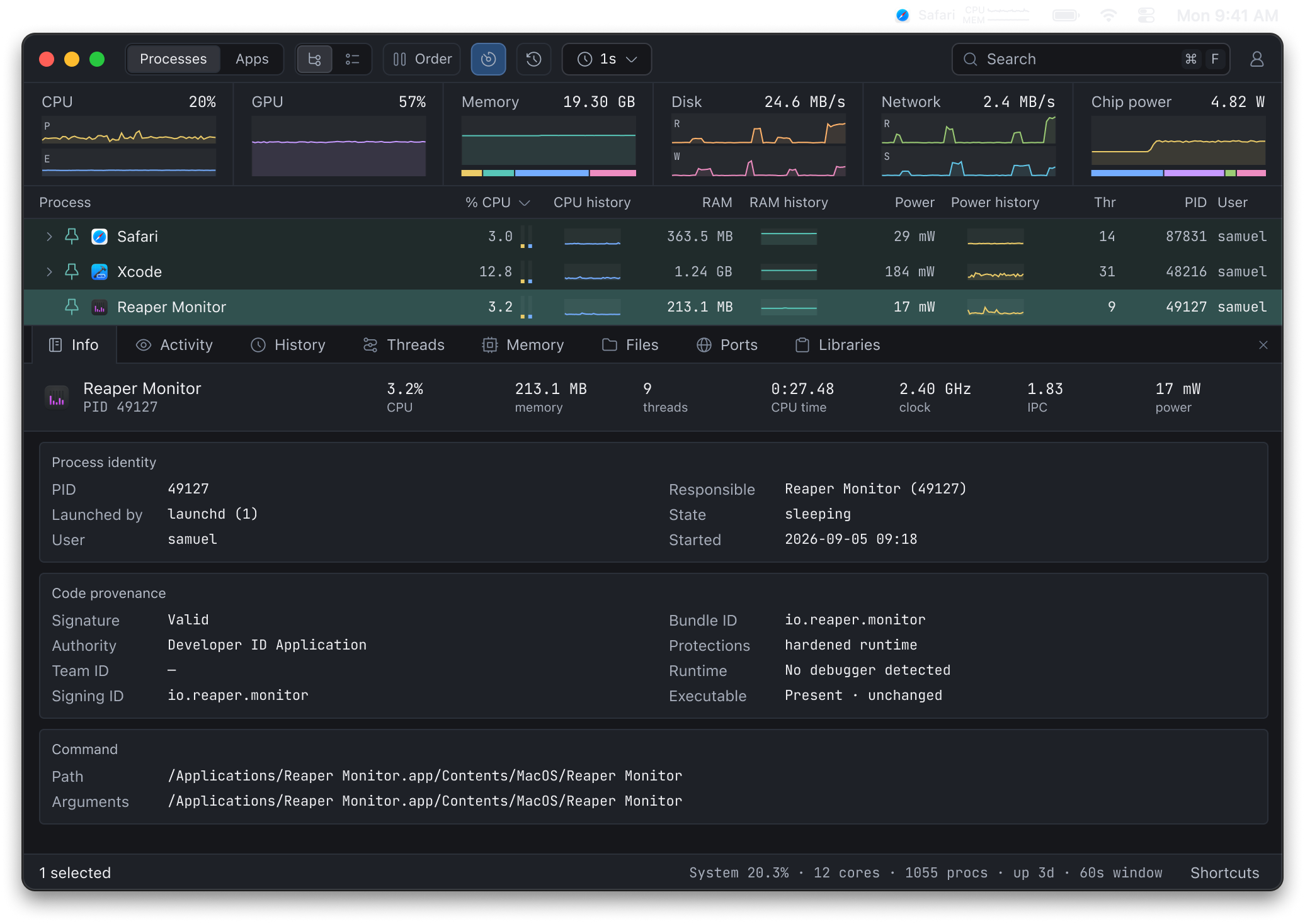 Monitor Info inspector showing process identity, code signature, executable path, and launch arguments.