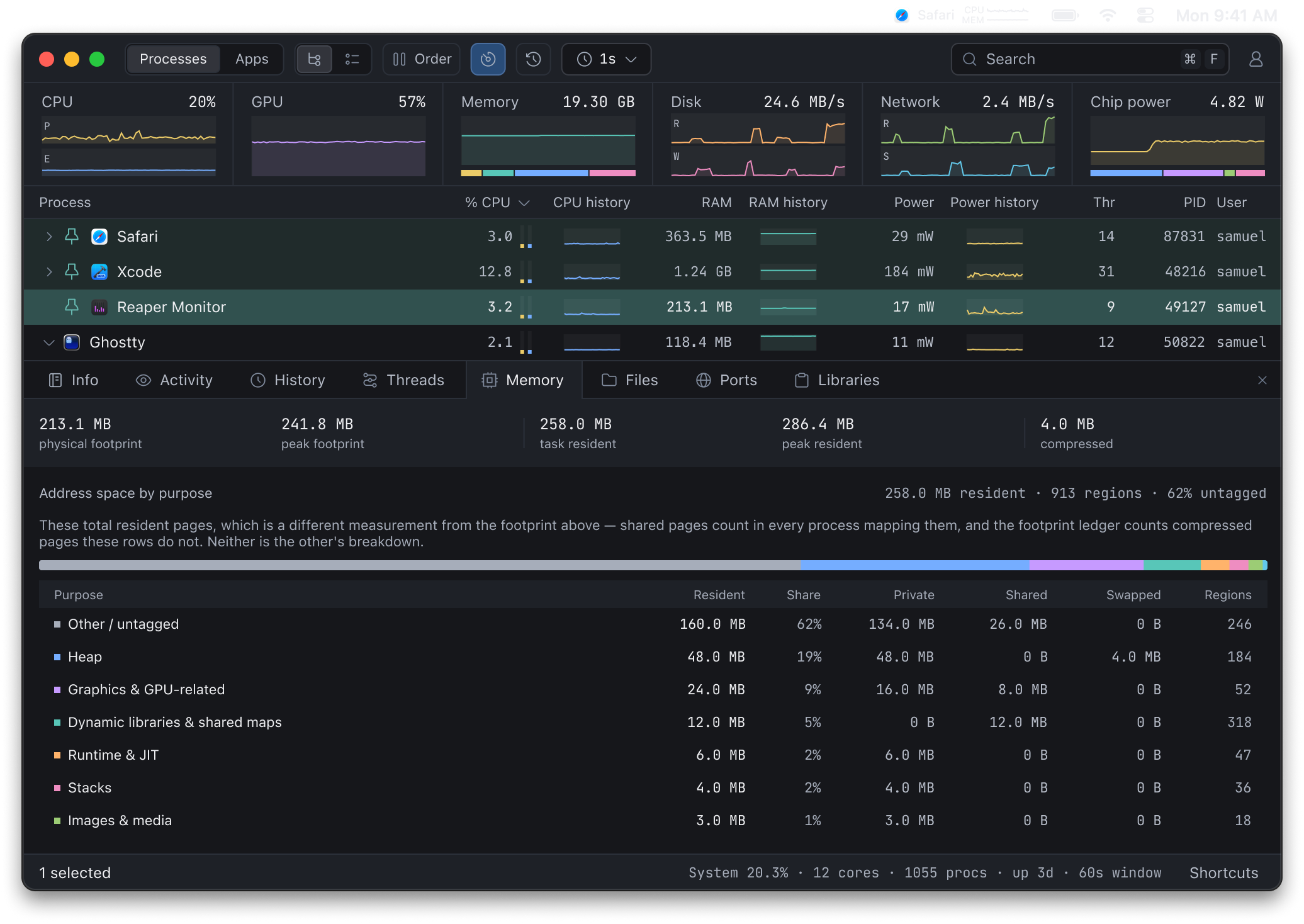 Monitor Memory inspector showing memory use by purpose, with private, shared, and swapped mappings.
