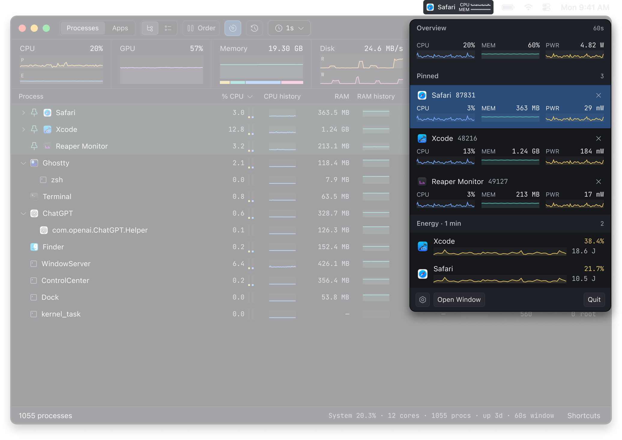 Monitor menu-bar panel showing pinned processes, CPU and memory graphs, and energy use.